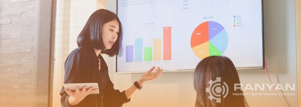 Account manager presenting janitorial performance data and charts to a client