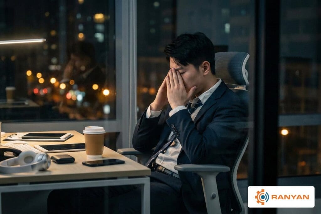Exhausted Janitorial Boss Working Late at Night
